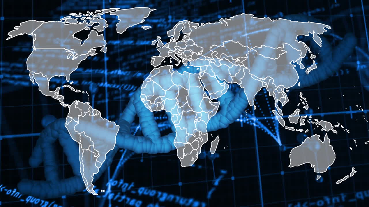 World map animation over DNA strand and binary coding background