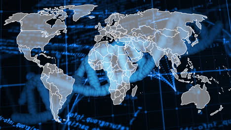 animación del mapa del mundo sobre cadena de adn y fondo de codificación binaria