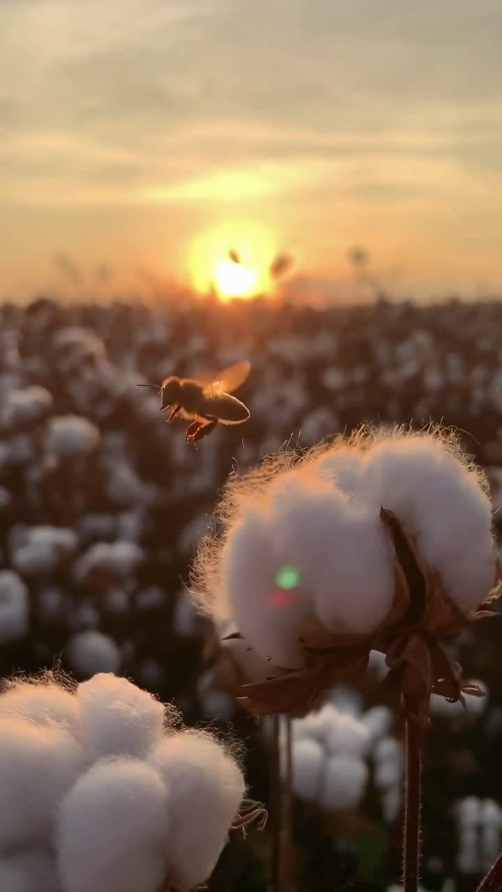 Primo piano di piante di cotone al tramonto, inquadratura dal basso. Toni caldi creano una scena video serena. Mobile dal vivo.