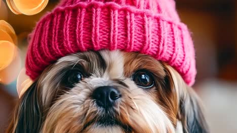 a small dog wearing a pink knitted hat