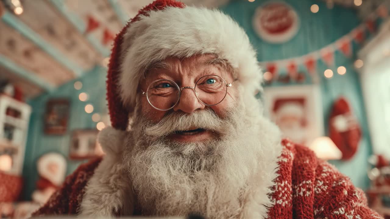 Allegro Babbo Natale in un'accogliente ambientazione invernale con espressioni gioiose catturate in commoventi fotogrammi video, che diffonde lo spirito delle feste e la gioia festiva