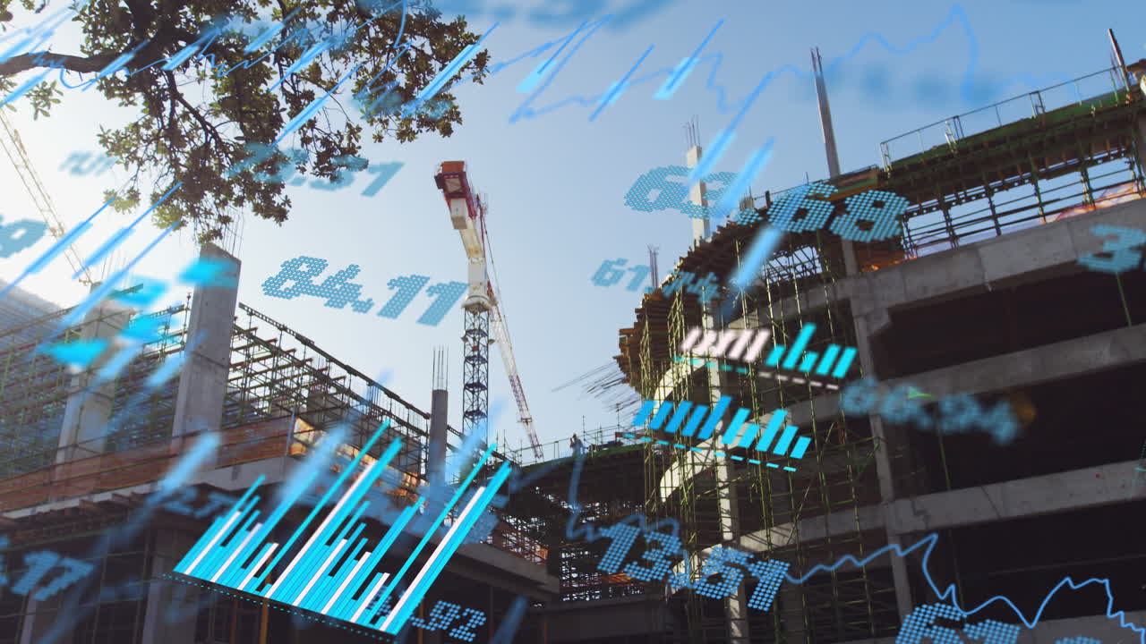 Animation of financial data processing over construction site