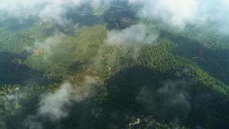 drone is flying above the clouds with green forest under it
