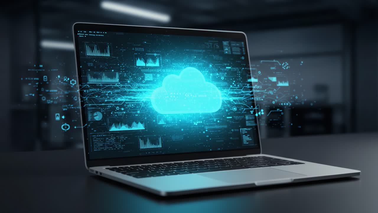 Dynamic Visual Representations of Cloud Computing Technologies and Data Analytics on a Laptop Screen in a Modern Tech Environment