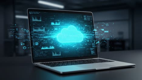 dynamic visual representations of cloud computing technologies and data analytics on a laptop screen in a modern tech environment