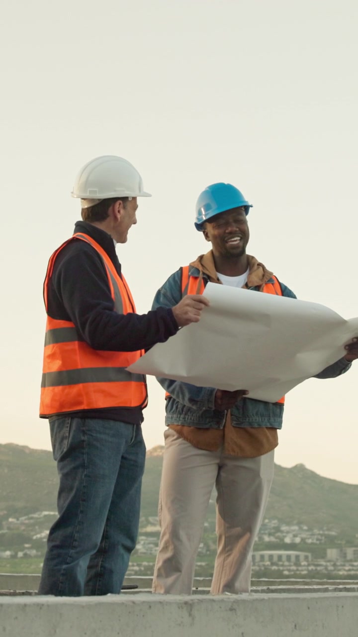 Two Construction Workers Reviewing Blueprints on a Building Site