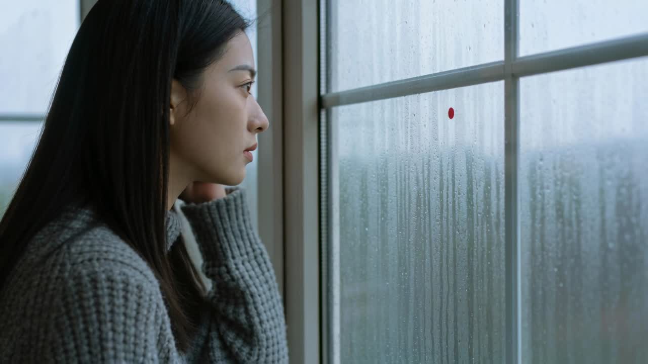 회색 스웨터를 입고 아파트 창가에서 머리를 만지며 응시하는 여성, 빨간 점, 귀걸이, 여백