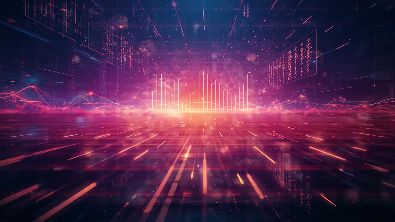 Opening neon digital grid in cyberspace, with pulsing waveform rising bars and code panels