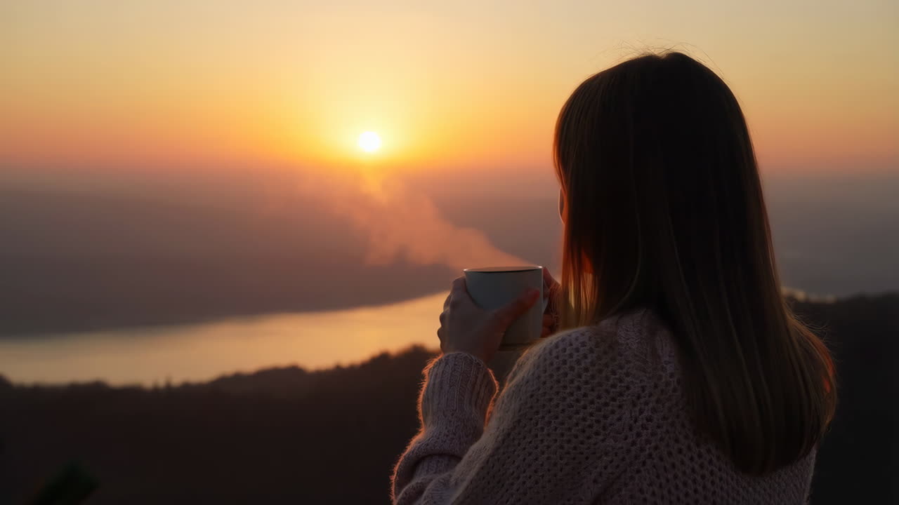 Woman Enjoying Coffee at Sunrise