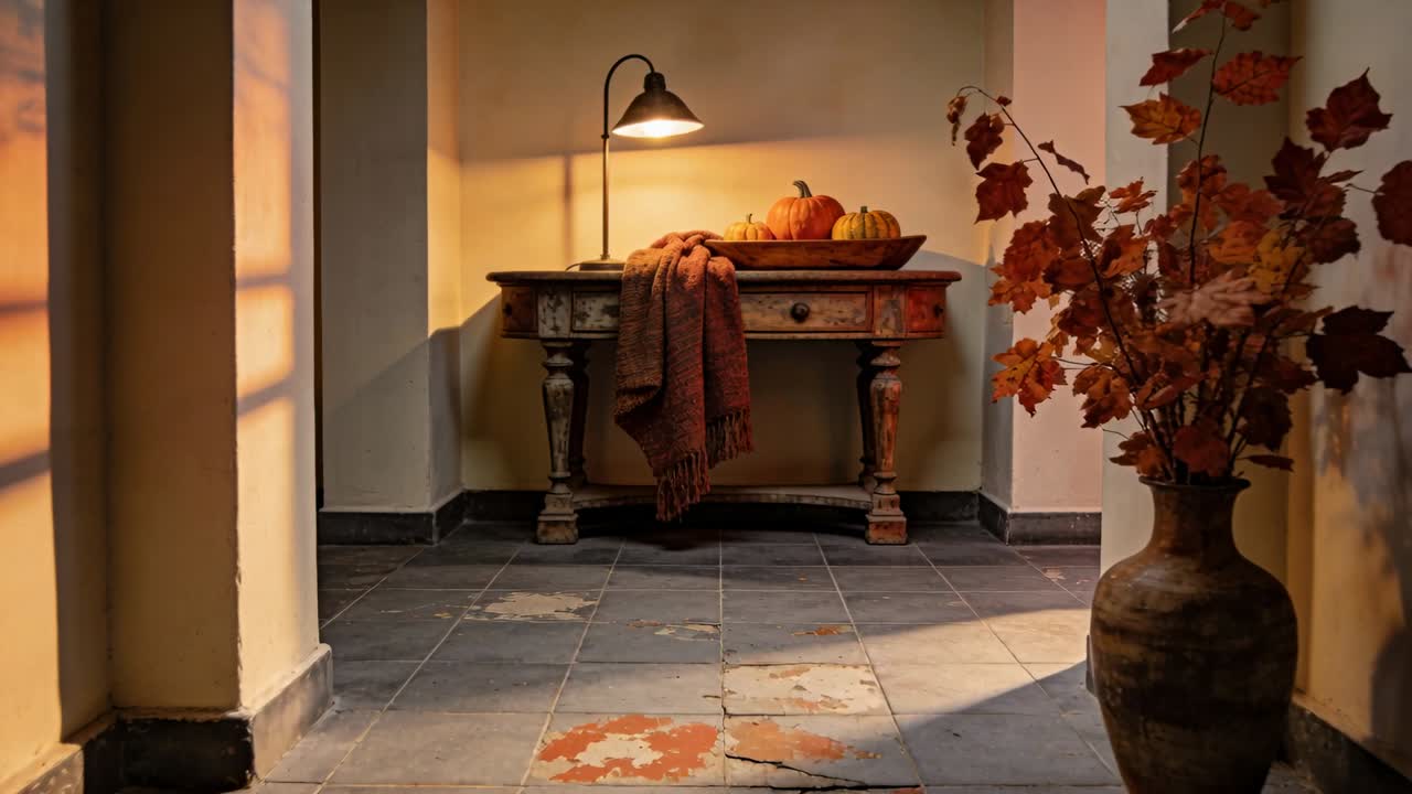 Shifting sunlight leading camera pushing toward console table in foyer, with lit lamp and pumpkins