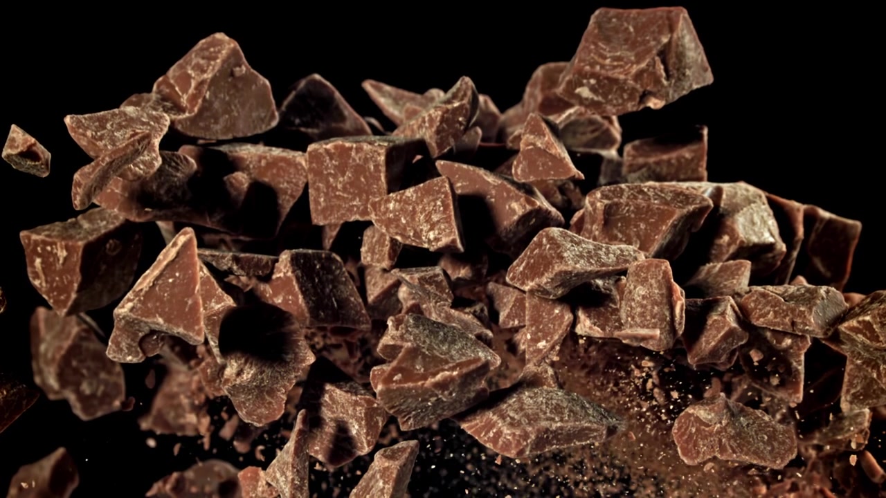 Pezzi di cioccolato che esplodono e cadono al rallentatore su sfondo nero