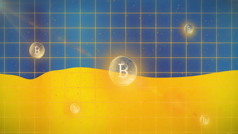 animación de símbolos de bitcoin sobre cuadrados y bandera de ucrania