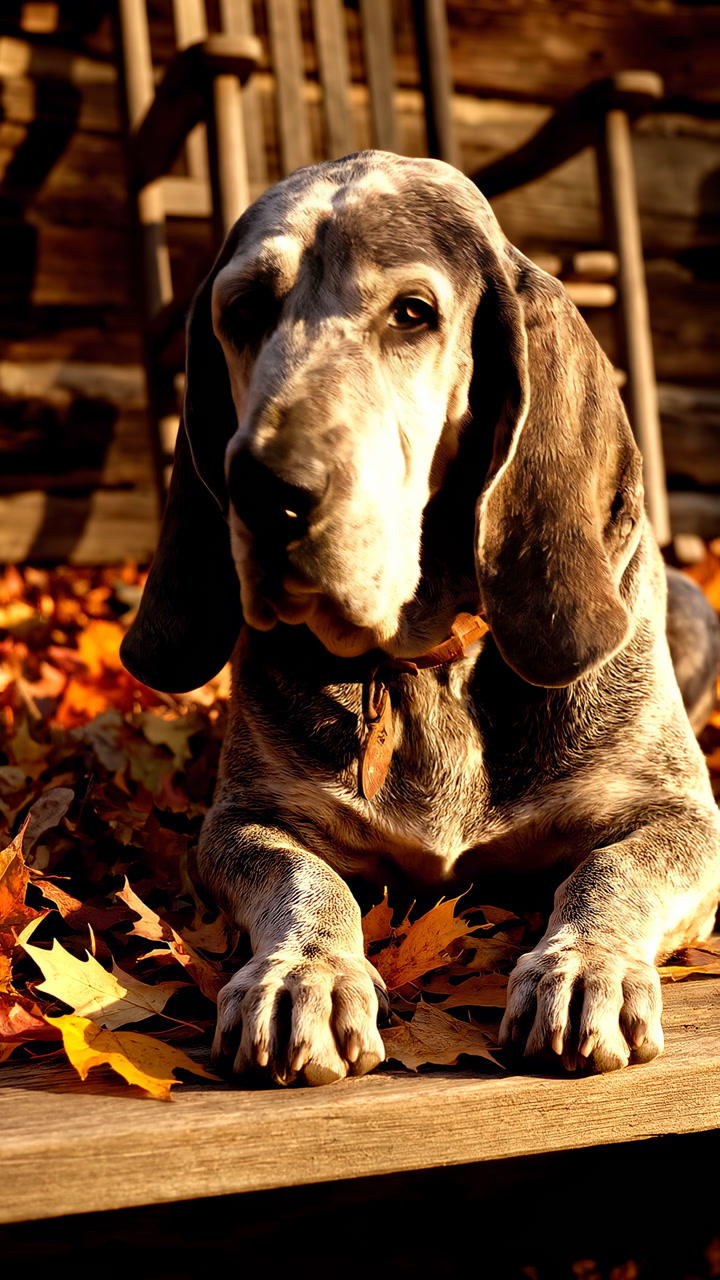 Senior Basset Hound On Porch Surrounded By Golden Leaves And Rustic Cabin Backdrop, Lounging Beside Rocking