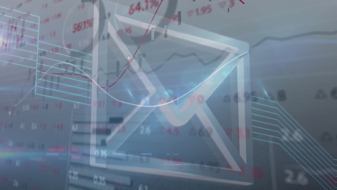 이메일 아이콘 및 금융 데이터 분석 애니메이션 주식 시장 차트