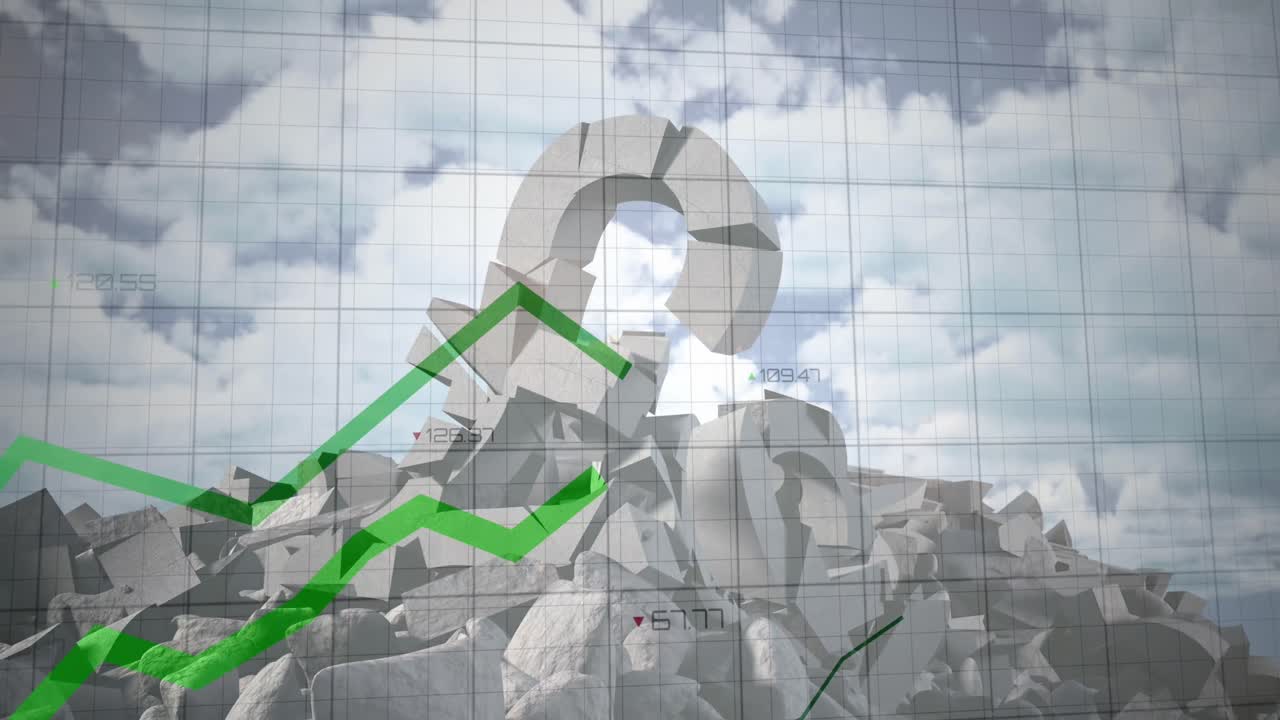 animación del procesamiento de datos financieros y líneas verdes sobre el signo de la libra británica desmoronándose.