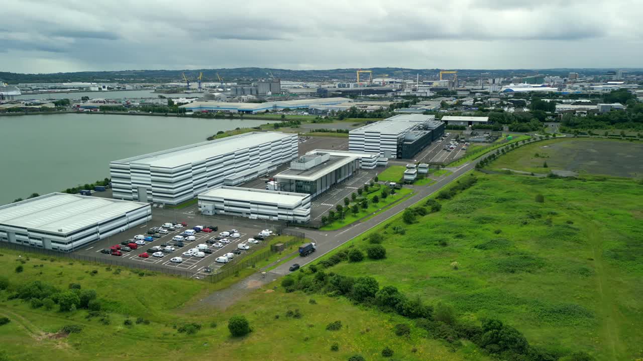 4K anti-clockwise aerial of Studio Ulster, a virtual production studio in Belfast, Northern Ireland. Filmed at 30FPS and with Rec709 color