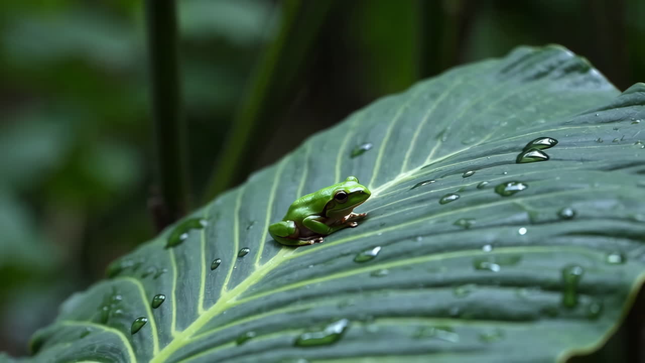 Green Frog on a Wet Leaf