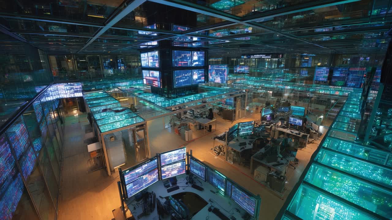 High angle view of a busy, modern financial trading floor with brokers analyzing real time stock market data on multiple computer screens in a futuristic, high tech control room office