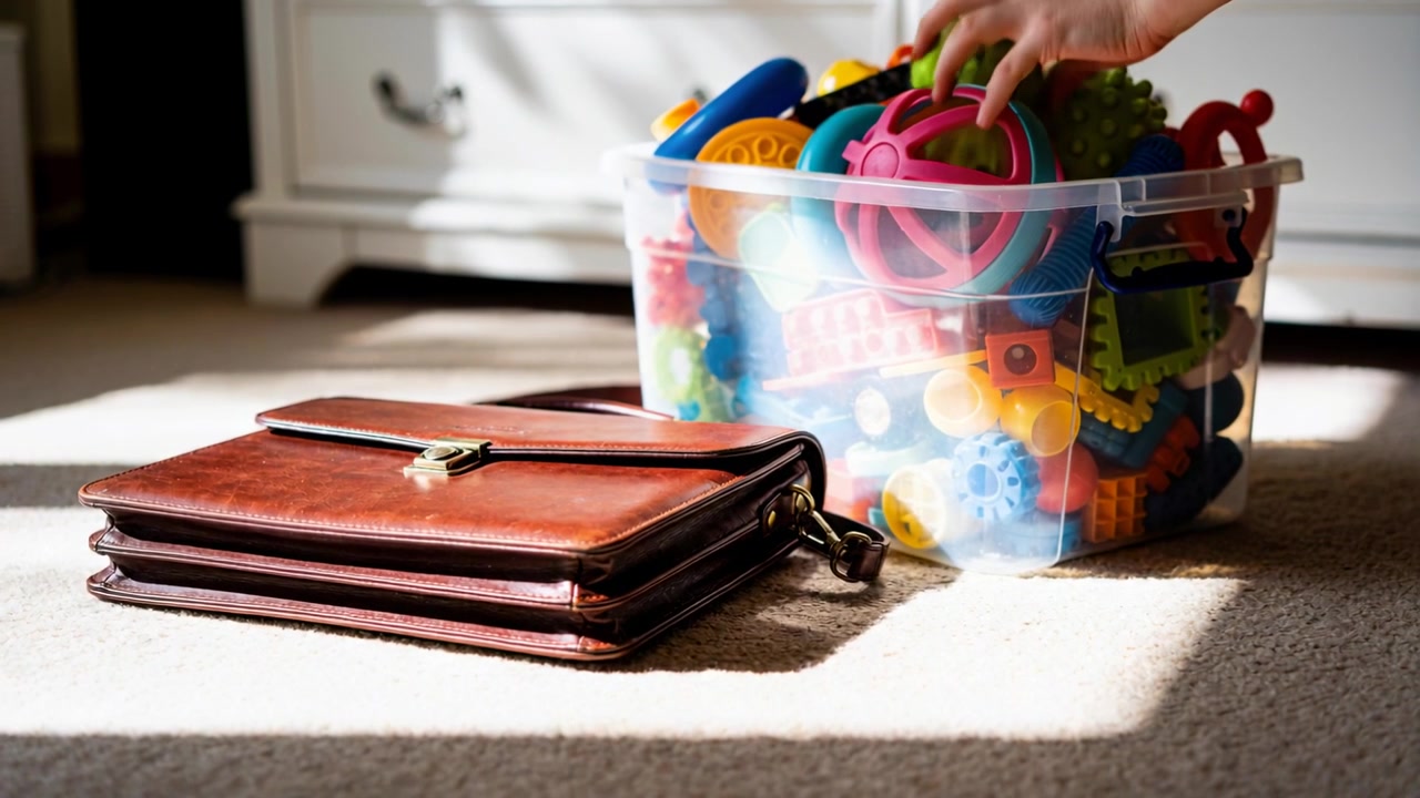 Entering child's hand reaching for pink wheel toy on sunlit carpet, wallet nearby, copy space