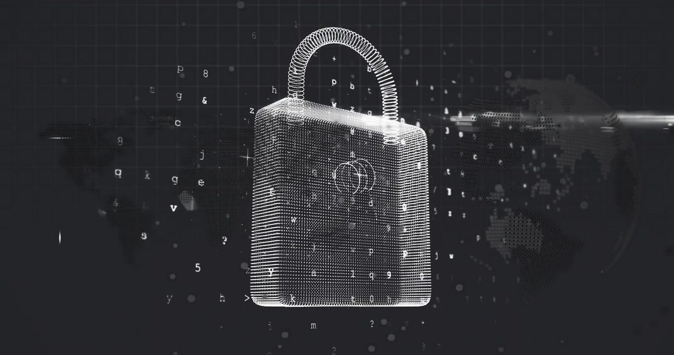 3D render wireframe padlock glowing and floating over dotted world map and grid with drifting code