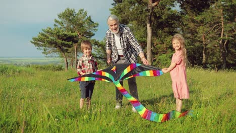 caucasian senior man with his grandchildren holding a kite and looking at the camera in the park on a sunny day