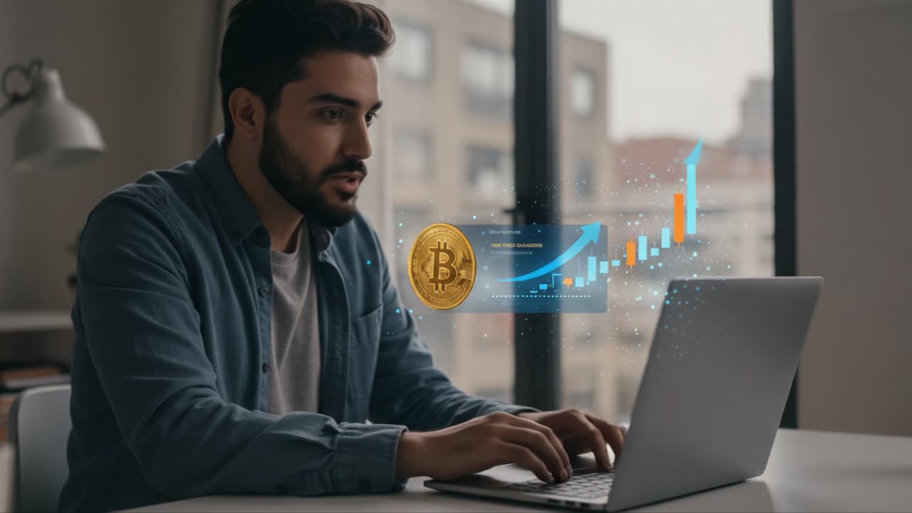 Excitement and Focus: A User Engaged in Cryptocurrency Trading While Monitoring Bitcoin Growth and Market Dynamics via a Laptop Interface