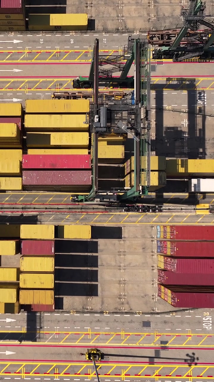 A container terminal where shipping containers are organized. A container ship is present while loading and unloading cargo. The activity showcases global shipping.