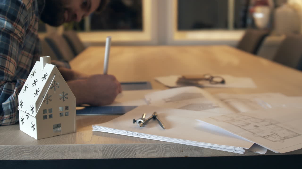 鉛筆と紙を使って木製の机の上に設計図を作成する建築家