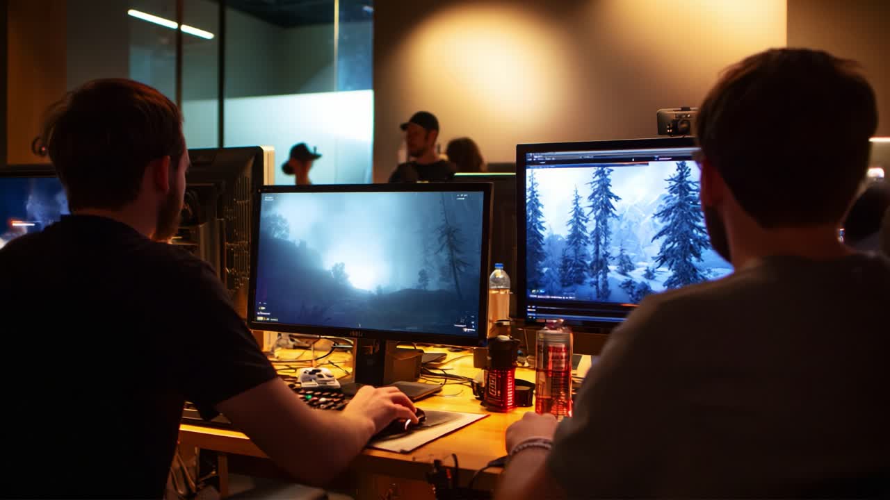 Two Gamers Immersed in Gameplay: Focused on Dramatic Forest Scenes as They Engage with Cutting-Edge Visuals in a Lively Gaming Environment Full of Energy and Anticipation
