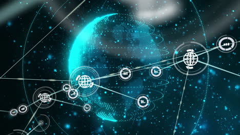 digital globe with interconnected network symbols and data processing animation