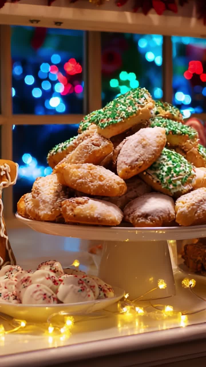 A Festive Display of Colorful Holiday Cookies and Treats Piled High on a Decorative Stand, Surrounded by Glimmering Lights and a Cozy Atmosphere Perfect for Celebrating Seasonal Joy