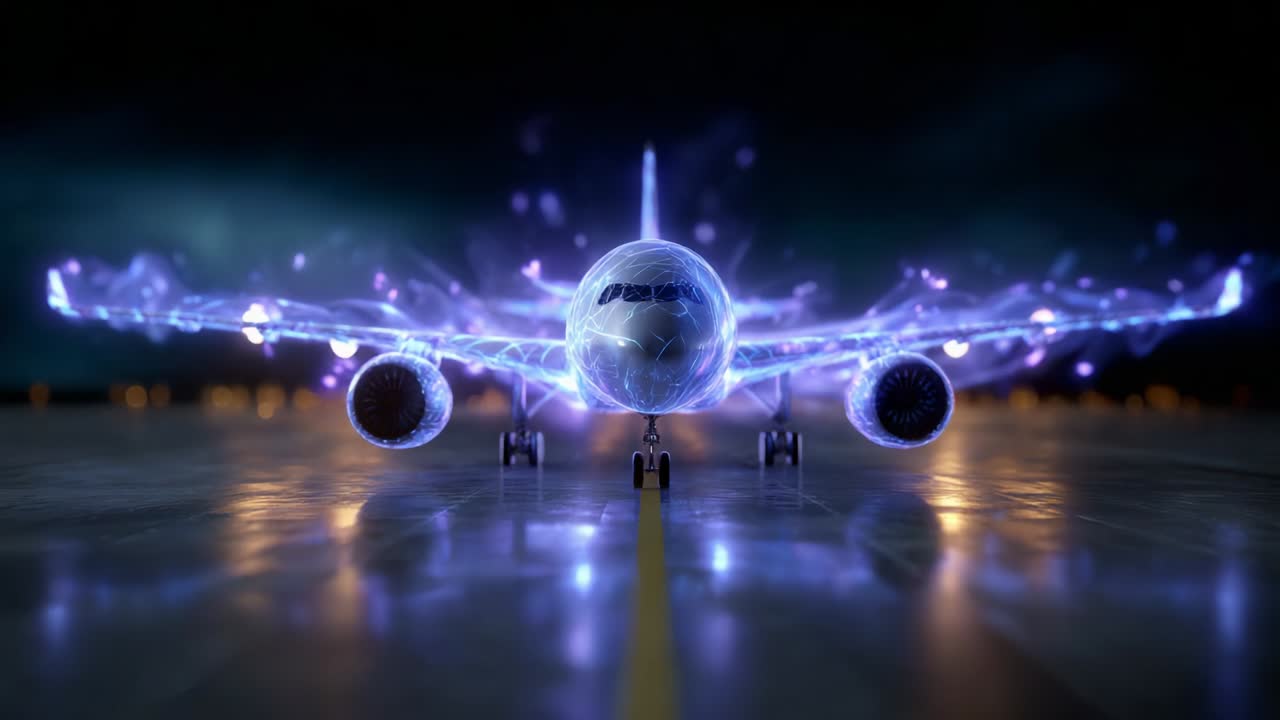 A stunning visualization of an aircraft featuring intricate glowing patterns, showcasing a futuristic design with luminous elements that illuminate the scene and create a captivating, otherworldly atmosphere
