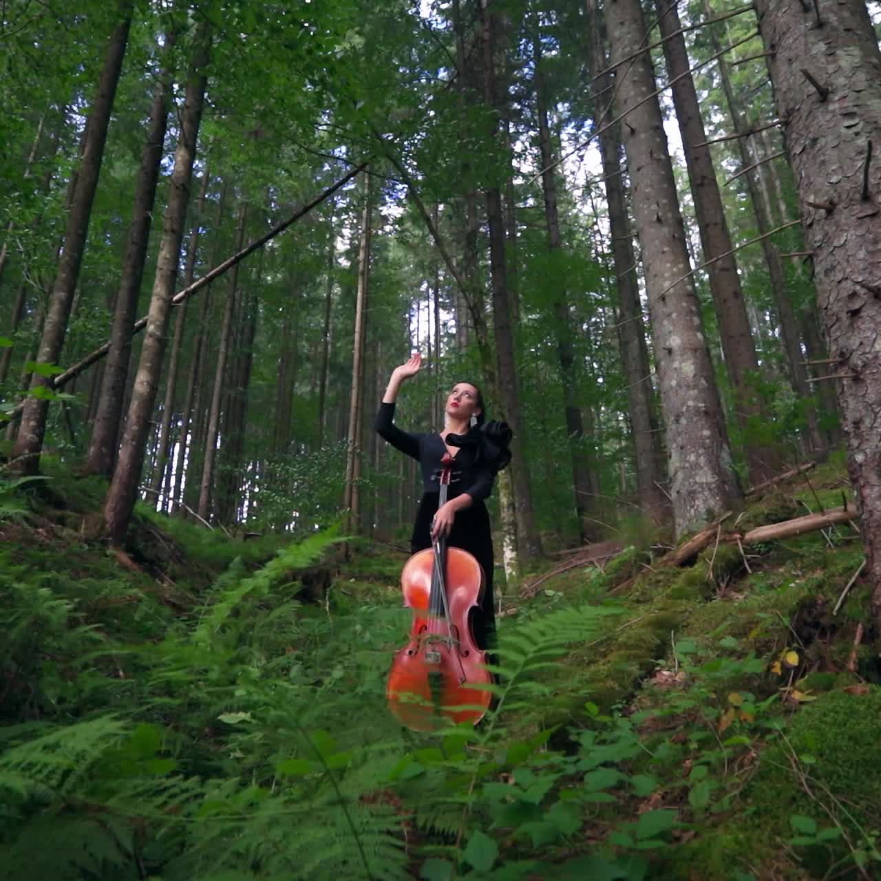 Pretty woman with cello in forest. Beautiful young female musician standing inside the green woods and holds musical instrument.