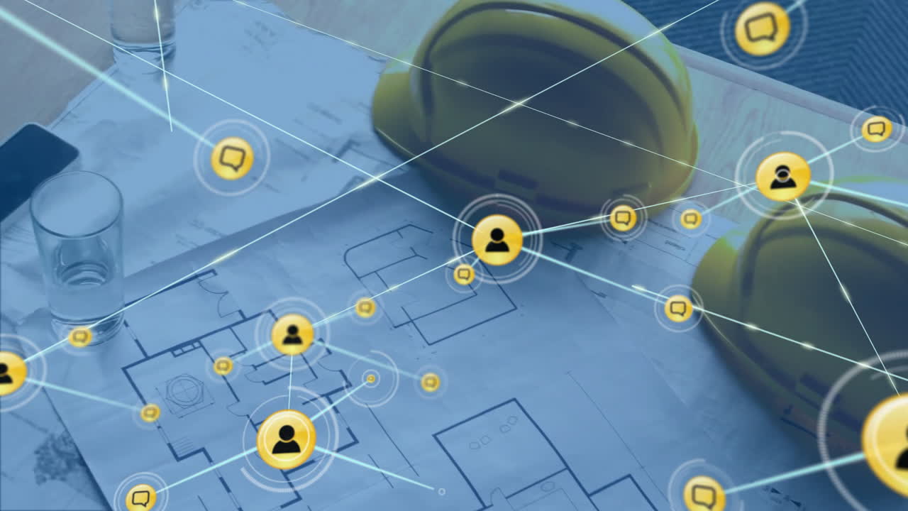 Construction helmets and digital network icons overlaying blueprints in animation