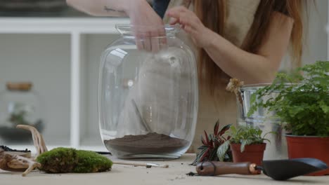 a young woman cleans a glass jar in which she creates a tiny live forest ecosystem - close-up