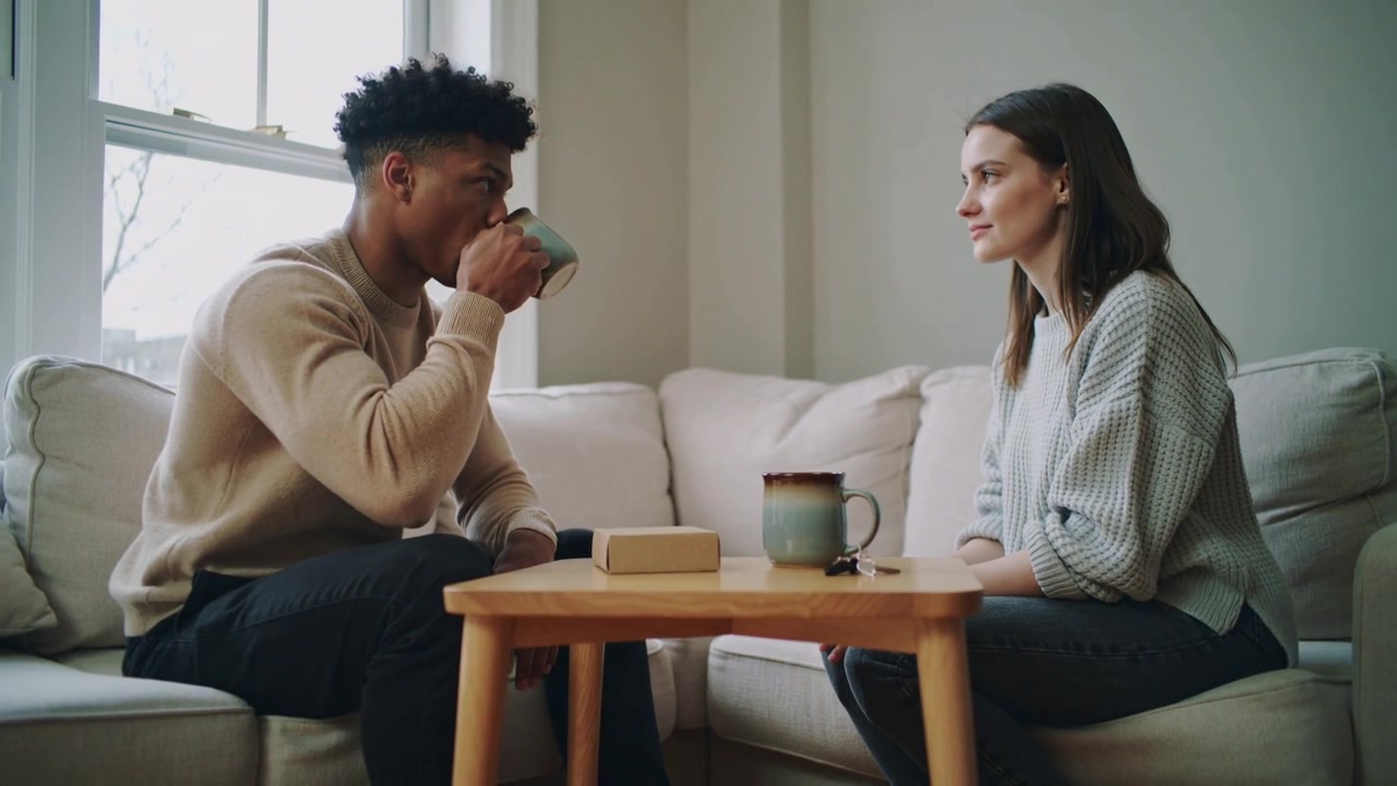 Lifting mug, man in sweater sipping and speaking to woman on home sofa, box on table
