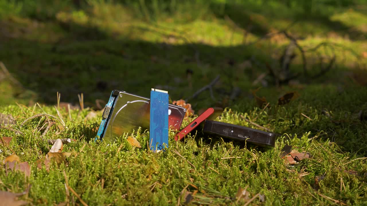 치아 재배 후 전자 폐기물의 슬로우 모션 카메라 샷