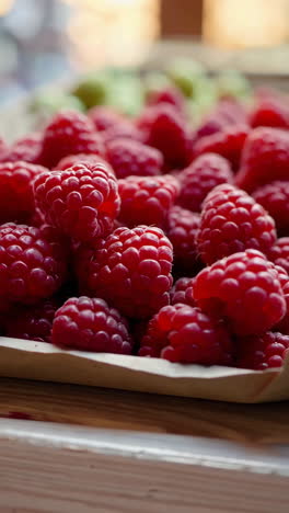 fresh raspberries in a wooden box