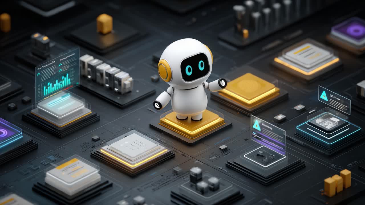 A playful robotic character explores a futuristic digital environment filled with interactive interfaces, data panels, and technology elements, embodying innovation and creativity