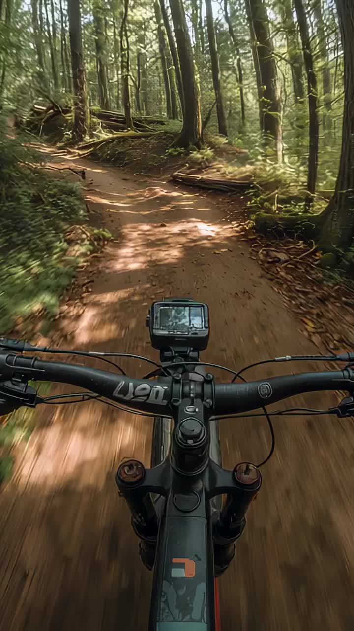 Vertical video: Cyclist wearing jersey, gloves descending forest trail downhill gripping handlebars
