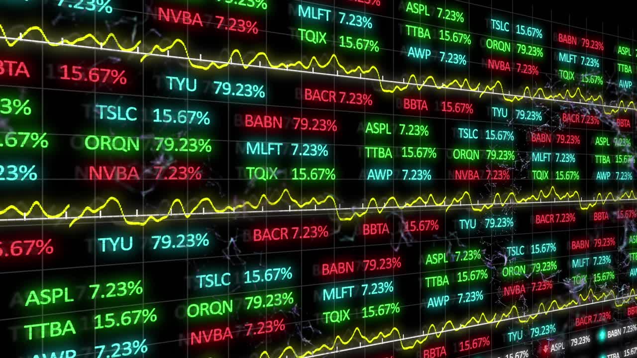 Animazione di elaborazione dati e mercato azionario su forme in movimento su sfondo nero