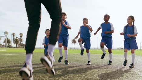 children, leg warm up and sport on soccer field