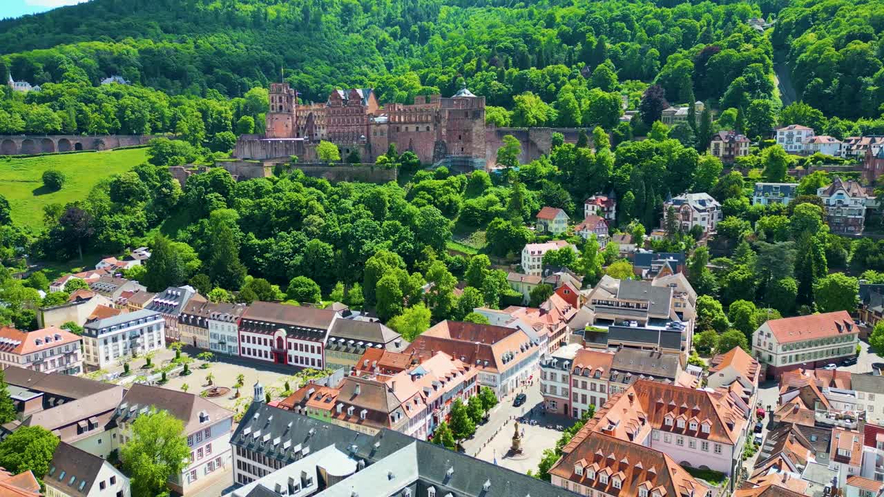 4K Aerial Drone Video of Historic Castle on Königstuhl Hill overlooking Heidelberg, Germany