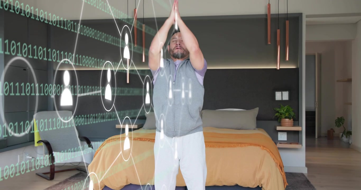 Mature male entering bedroom causing tech binary node overlay and doing guided stretch sending data