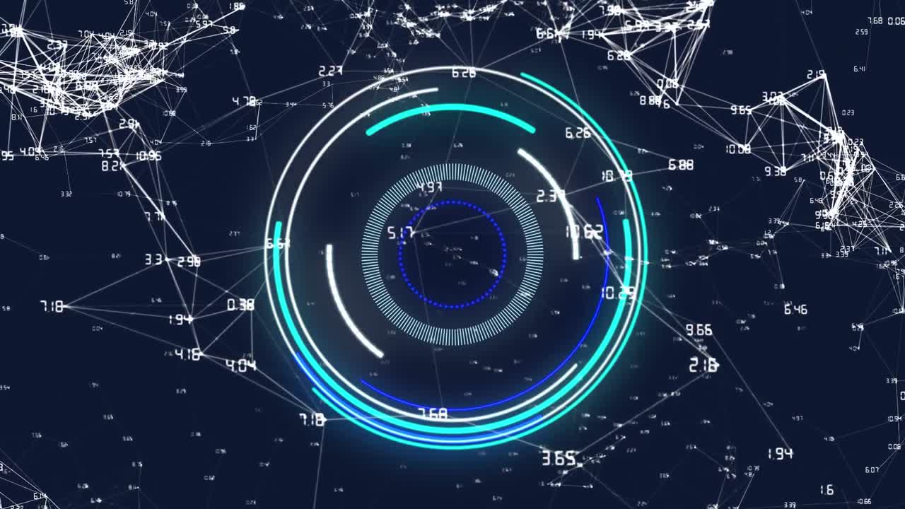 원형 범위 스캔과 떠다니는 연결 네트워크를 보여주는 디지털 인터페이스의 애니메이션 o