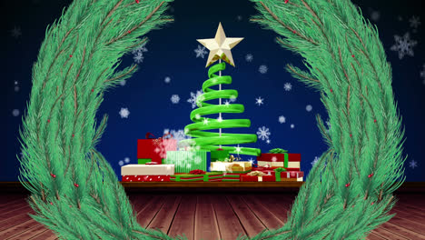 corona de navidad y copos de nieve cayendo sobre el árbol de navidad y regalos iconos contra fondo azul