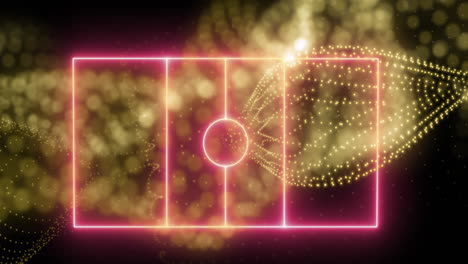 animation of neon sports field layout over golden digital wave against black background