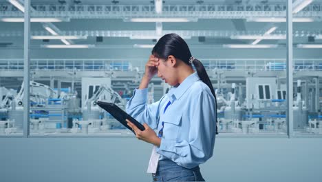 vista lateral de una trabajadora profesional asiática de pie con su tableta en la digitalización de la fábrica para un proyecto innovador, comprobando con decepción y asintiendo con la cabeza