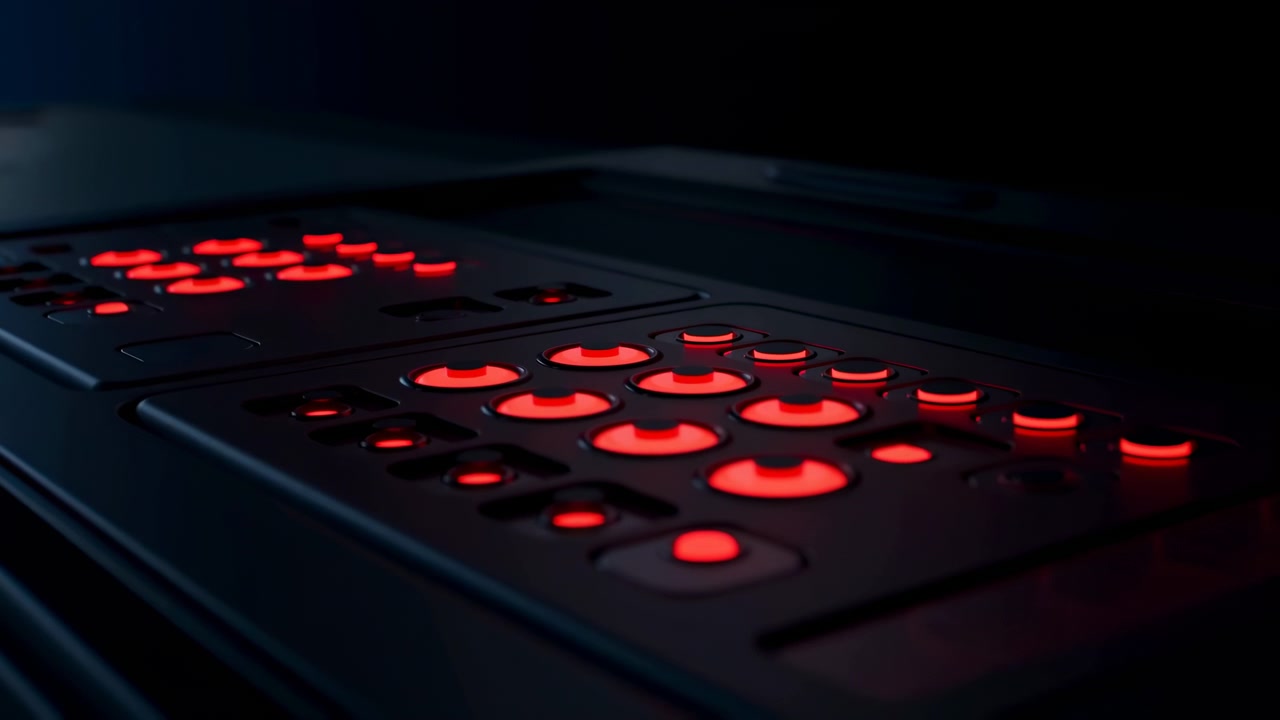 Close-up of a sleek electronic control interface with circular red lights, glossy reflections, and a dark dramatic background, viewed from an angled side