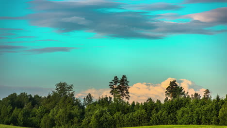 nubes blancas y esponjosas ondulan y crecen sobre el bosque verde y el prado en un día soleado